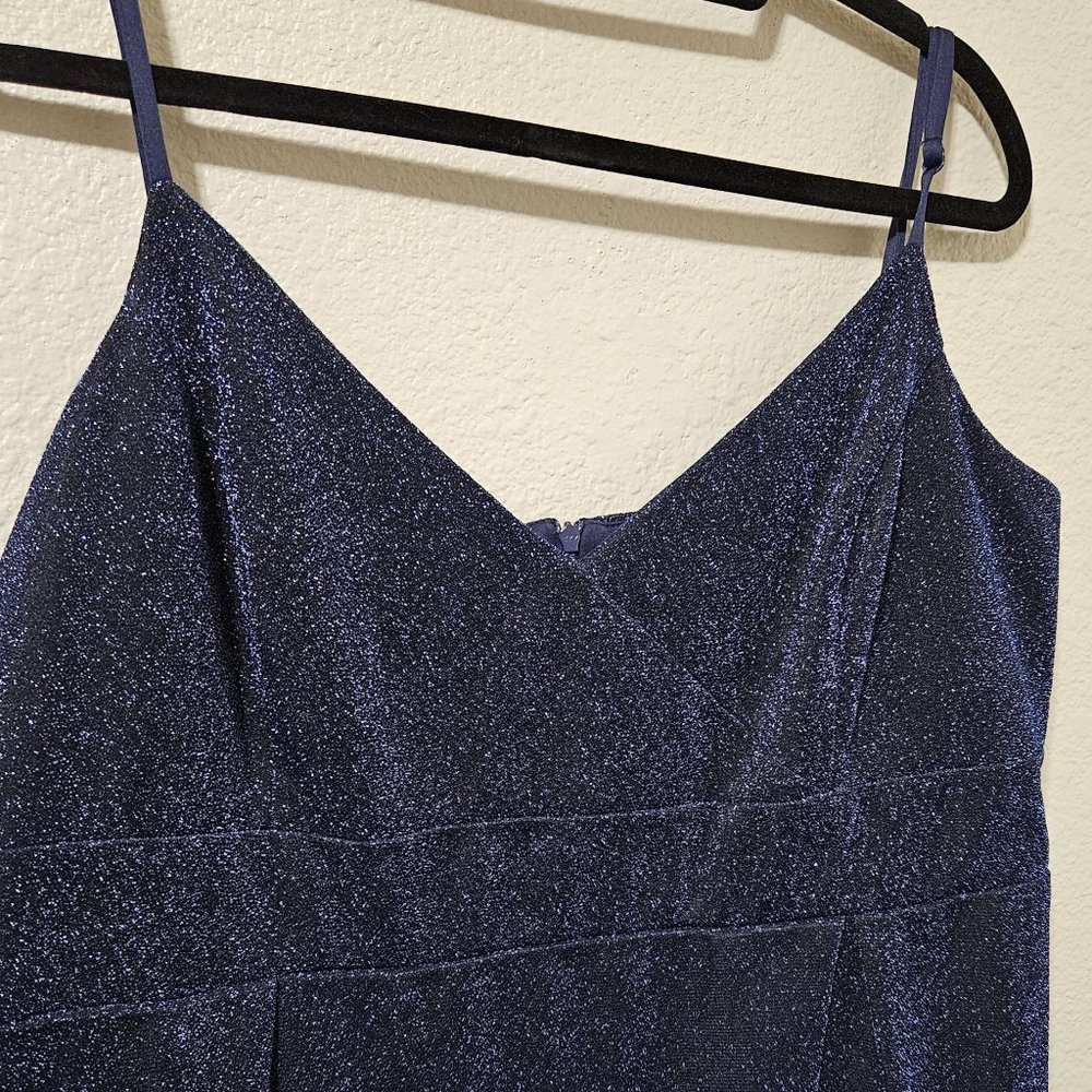 Plus Size Spaghetti Strap Dark Blue Shiny Formal Dress